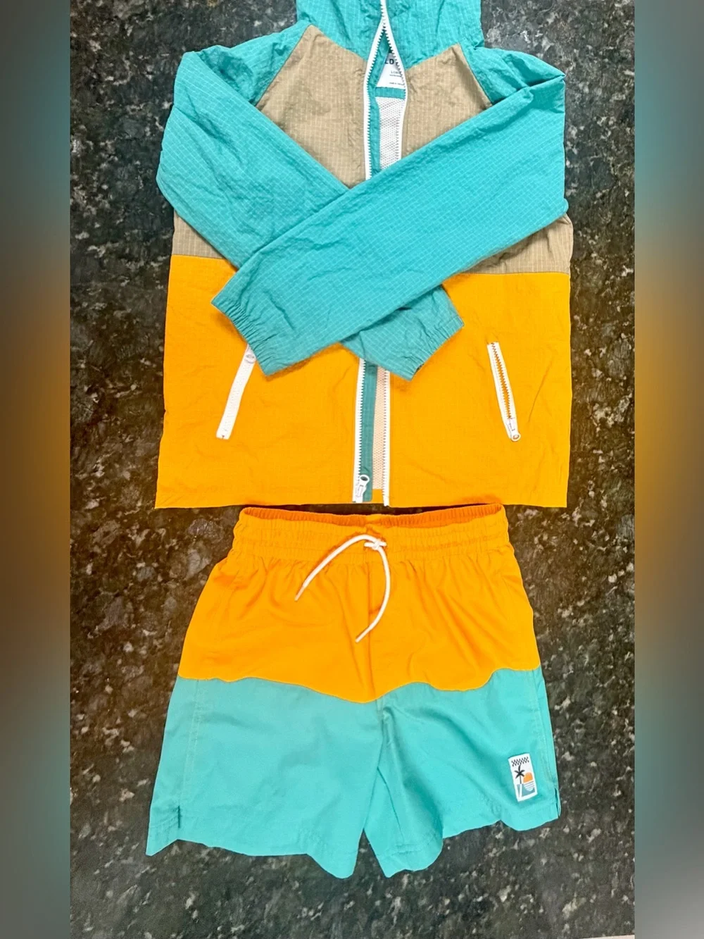 Old Navy Teal, Orange & Tan Kids Rashguard Swim Set